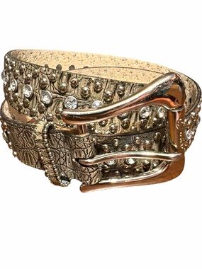 Guess Studded Metallic Crocodile Print Belt with Crystal Accents- Gray
